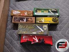 FLAT OF KNIVES, 13 FOLDING KNIVES, 1 FIXED BLADE AND