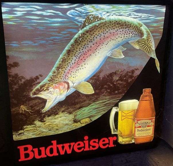 Lighted Budweiser rainbow trout beer sign 18“ x Legacy Auction Company
