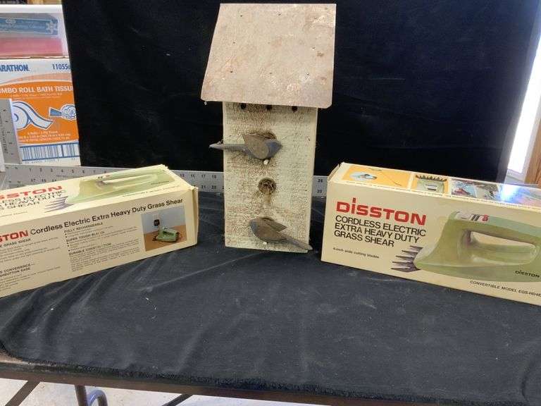 Cordless grass shears, birdhouse Legacy Auction Company