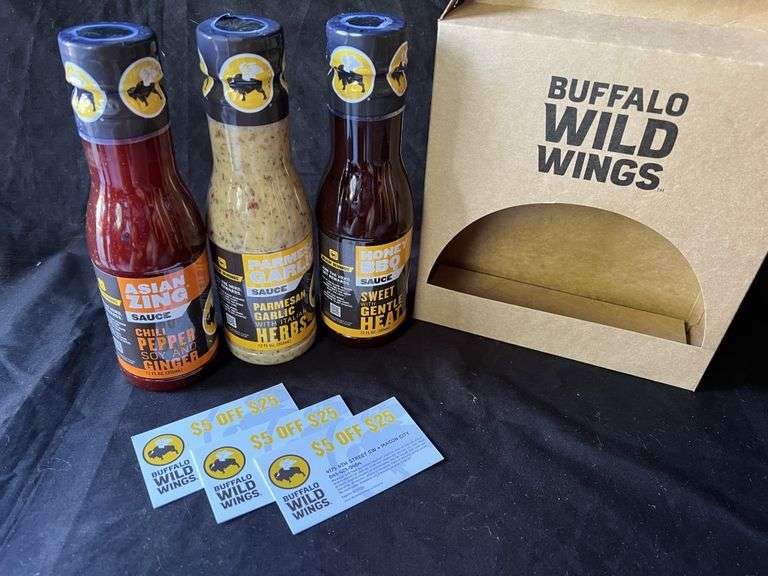 3 Buffalo Wild Wings sauces and three 5 off a Legacy Auction Company