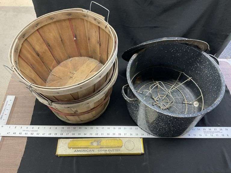 Canner, corn cutter and wooden baskets Legacy Auction Company