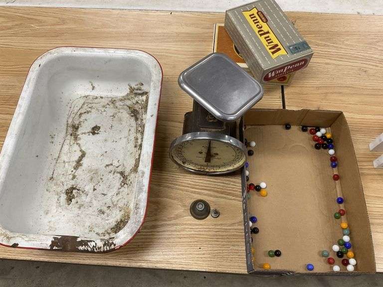 Vintage scales, oil can, marbles, cigar boxes Legacy Auction Company