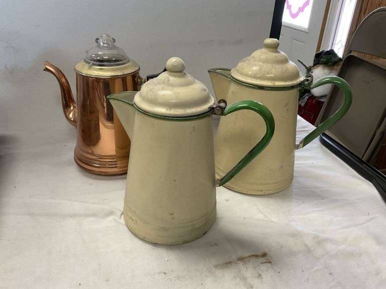 Enamelware coffee pots, copper pot? Legacy Auction Company