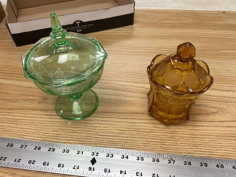 Green Glass cover dish and Amber coin glass Legacy Auction Company