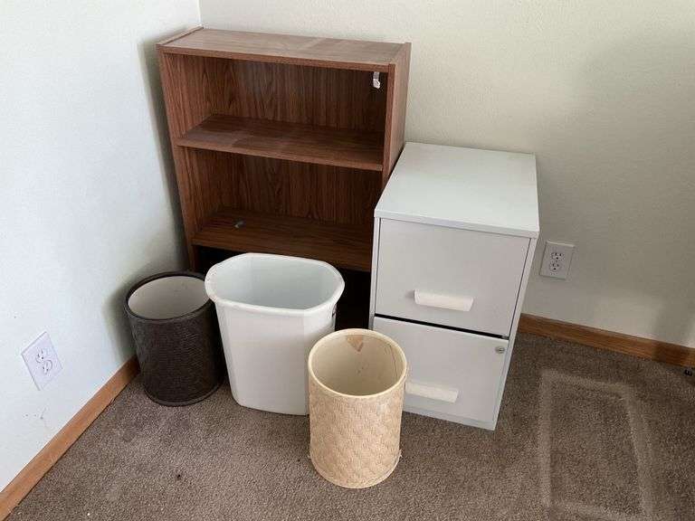 Filing shelf, and trash cans. Legacy Auction Company