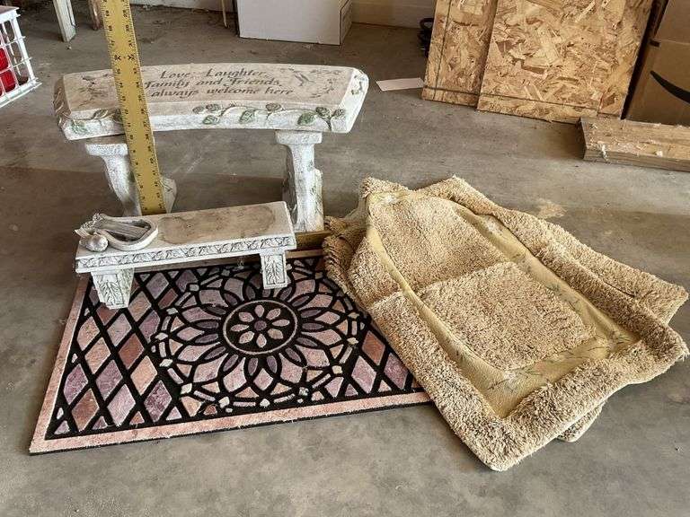 Garden bench, mat, throw rugs Legacy Auction Company