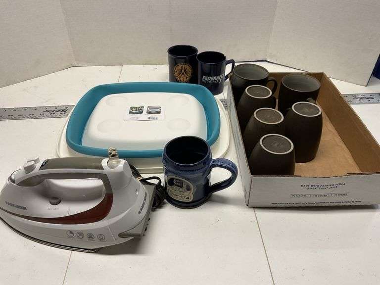 Coffee mugs, iron and beverage holder Legacy Auction Company
