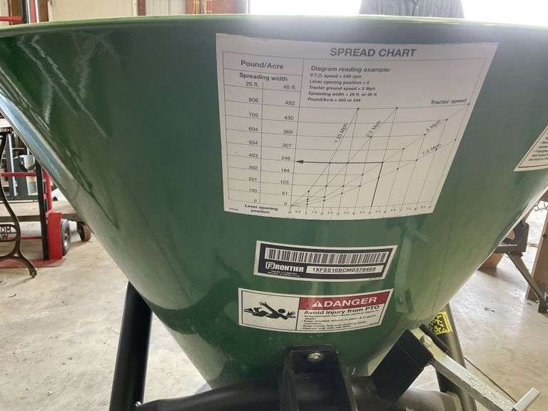 Frontier three point PTO broadcast spreader. Near Legacy Auction Company