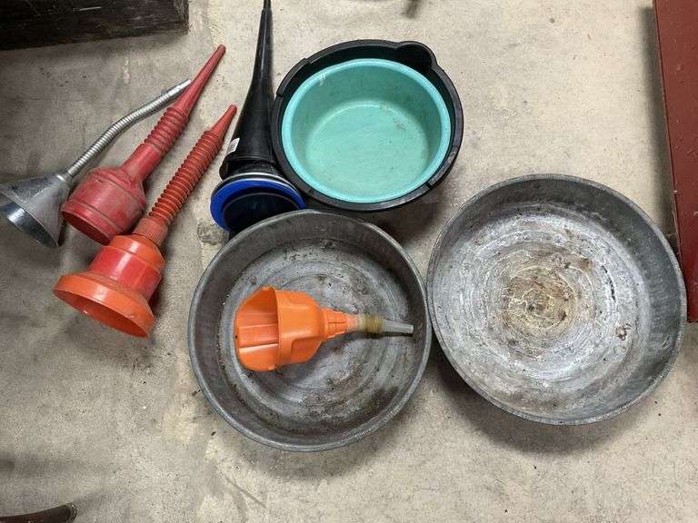 Oil pans, funnels Legacy Auction Company