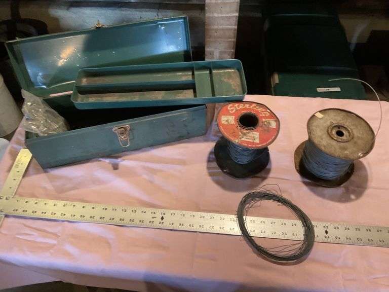 Toolbox with T post ties, electric fence wire Legacy Auction Company