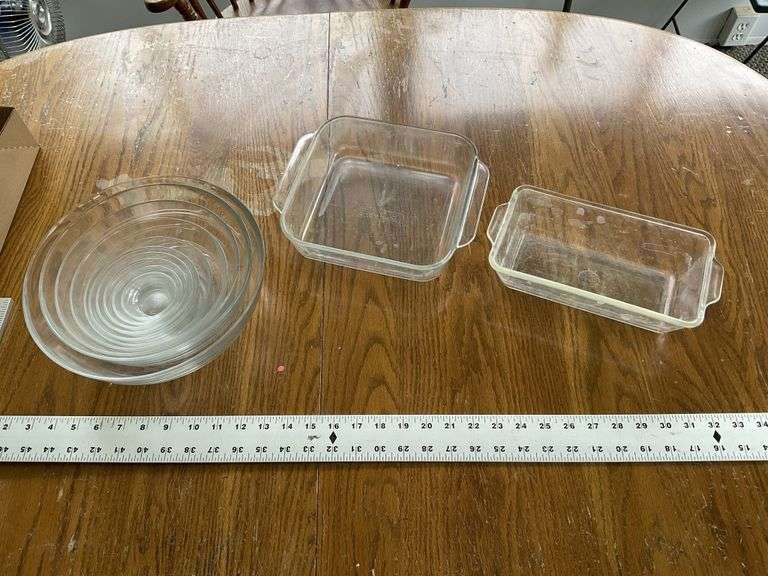 Two Pyrex pieces and Duralex bowls Legacy Auction Company