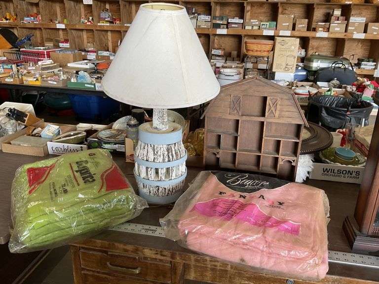 Two blankets, shadowbox and lamp Legacy Auction Company