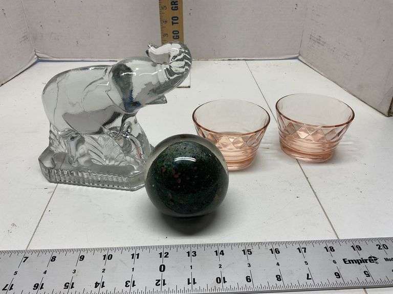 Glass elephant, paperweight, pink depression Legacy Auction Company