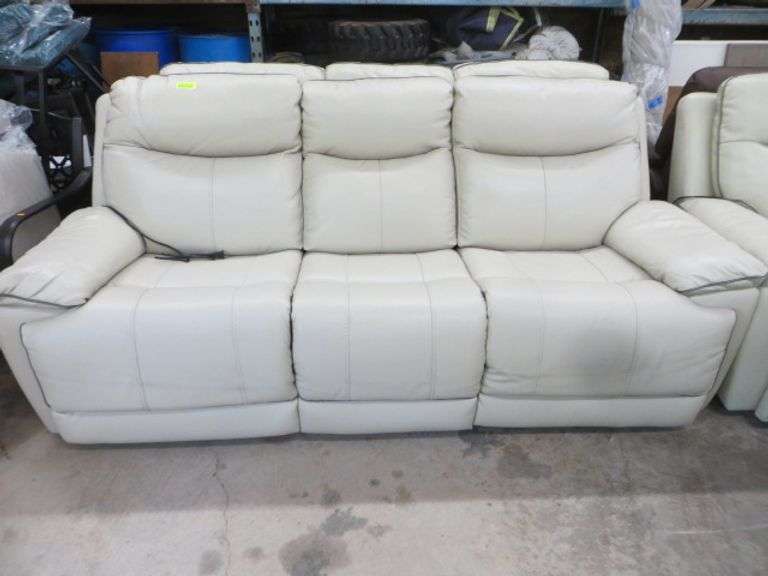 Dual Power Reclining Leather Couch Ivory With Gray Trim Lambrecht