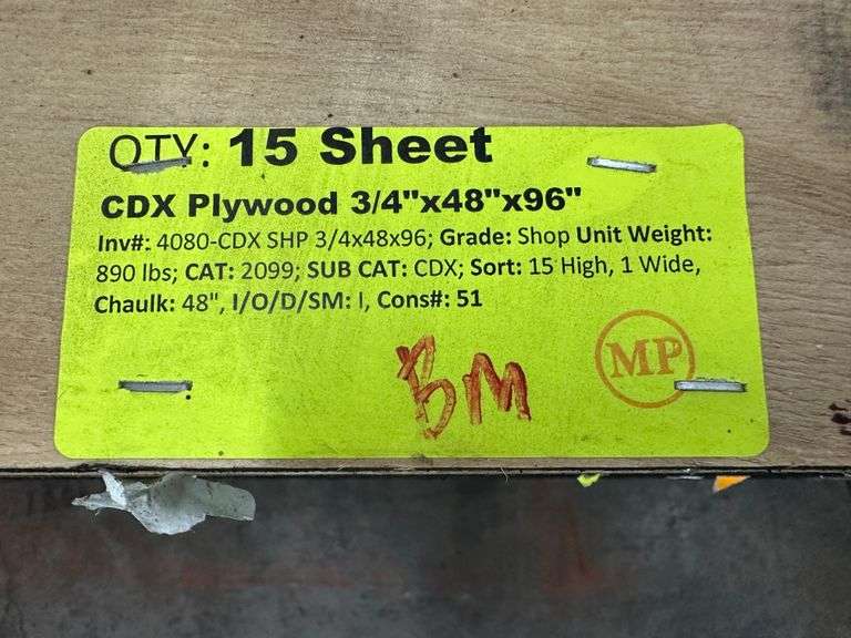 CDX Plywood 3/4"x48"x96" Lambrecht Auction, Inc.