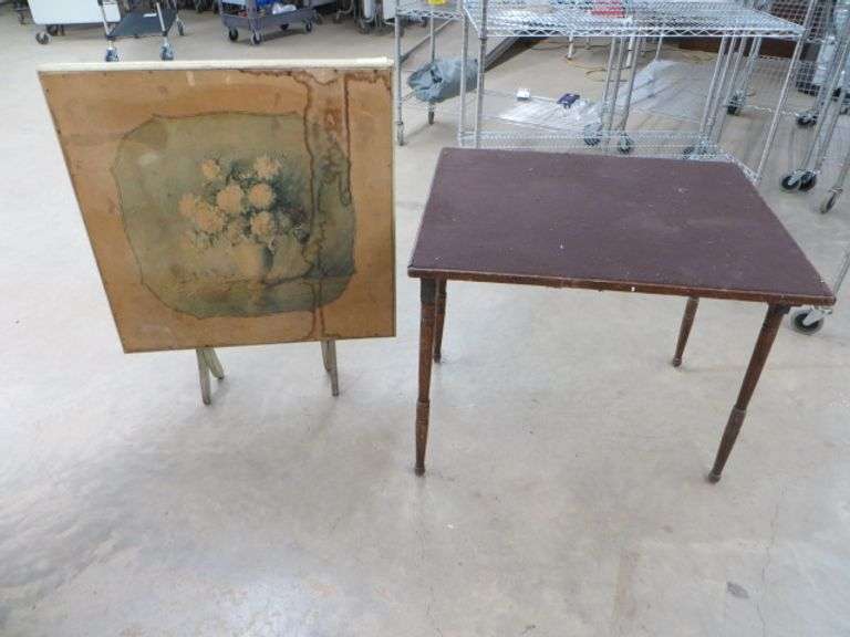 Two Folding Card Tables Oak & Wood Frame Pasteboard Lambrecht