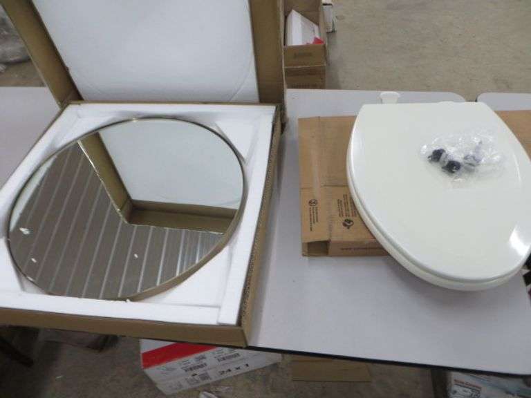 20" Satin Brass Bathroom Mirror And Bemis Toilet Seat Lambrecht