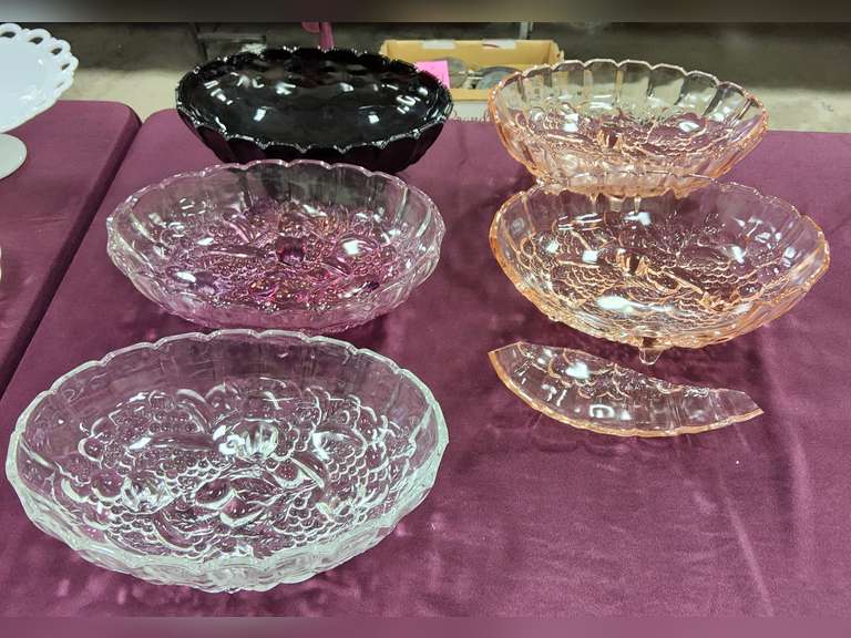 5 large glass bowls (1 needs repair) Lindsay Auctions & Realty LLC