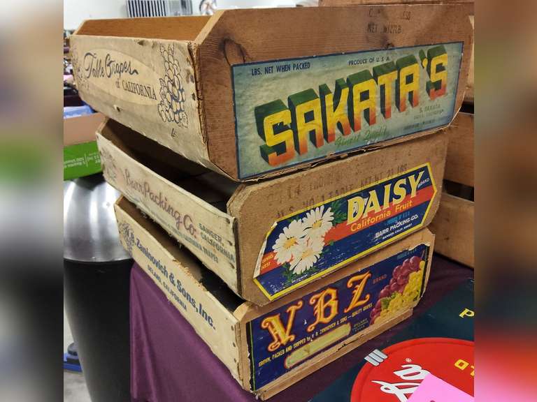 3 wood advertising crates Lindsay Auctions & Realty LLC