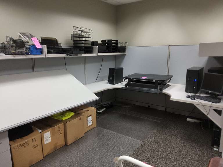 L shaped desk 112x146 w/ overhang files, drafting table 6x3.5, Ergotron