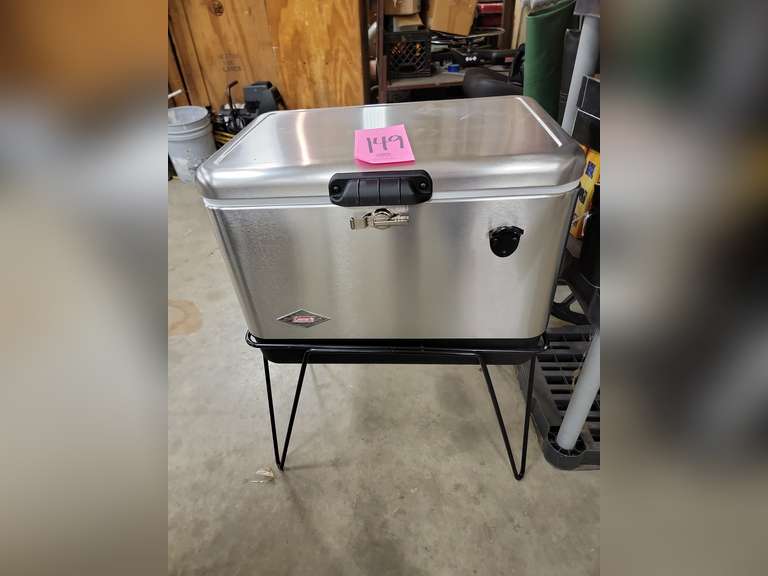 Coleman stainless cooler on stand, Coleman 4in1 air mattress, binoculars, Halex lasso golf set