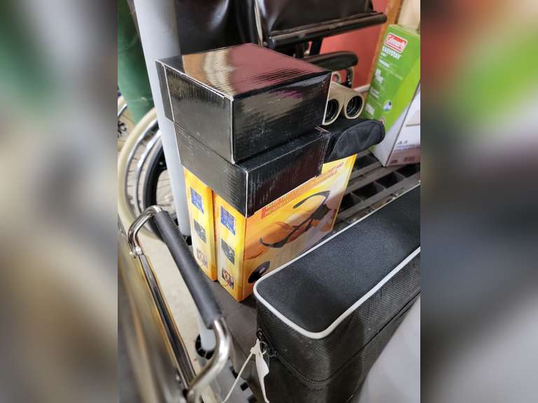 Coleman stainless cooler on stand, Coleman 4in1 air mattress, binoculars, Halex lasso golf set