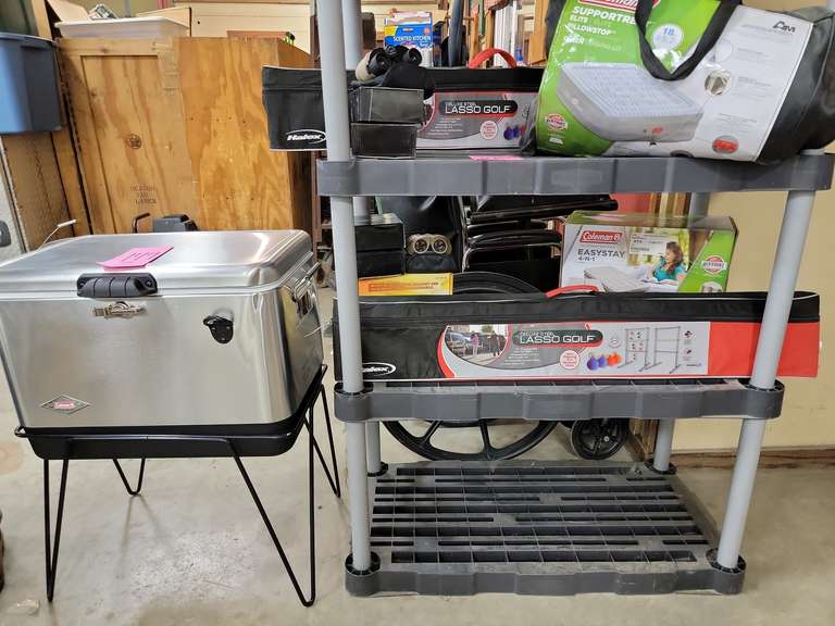 Coleman stainless cooler on stand, Coleman 4in1 air mattress, binoculars, Halex lasso golf set
