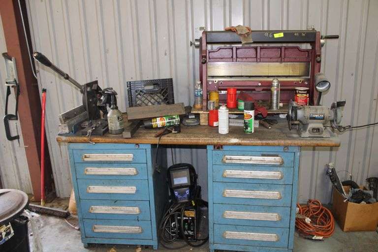 WORK BENCH, WELDER, GRINDER, CUTTER, CUT OFF SAW, DOLLY, AIR TANK (NOT