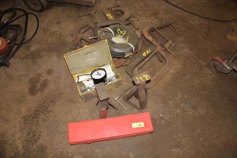 GROUP OF ITEMS C CLAMPS, BOX OF PETERSON FLARE KIT, ENERPAC HYDRAULIC