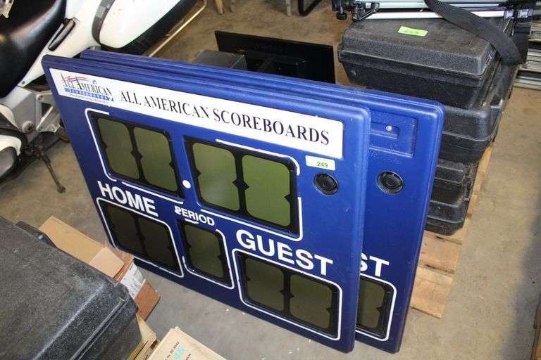 PALLET CONTAINING TWO SCOREBOARDS, SCOREBOARD CONTROLLERS, PRINTER