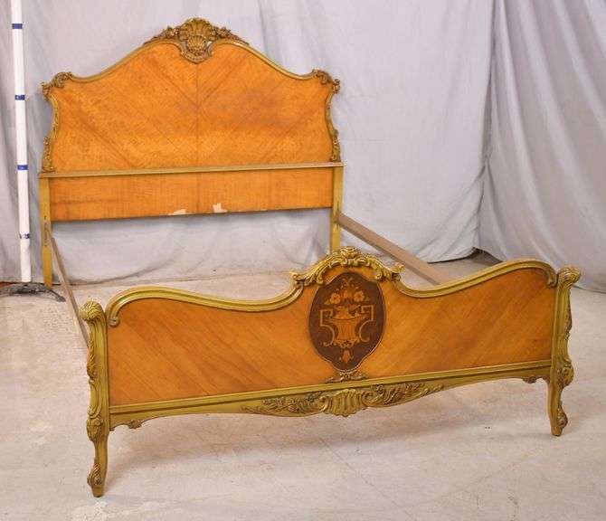 Inlaid satinwood French style full size bed with metal rails; 558651