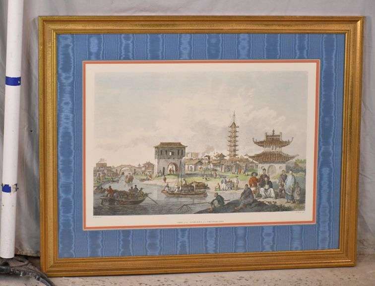 Large framed engraving "View of the Suburbs of a Chinese City"; 1054