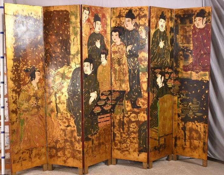 Large carved Oriental style six panel folding room divider; 620391 R