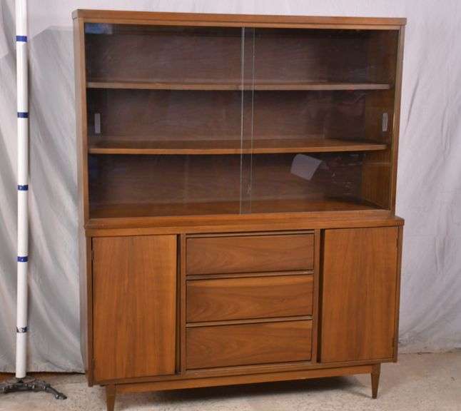 Walnut midcentury china with sliding glass doors; 747416 R