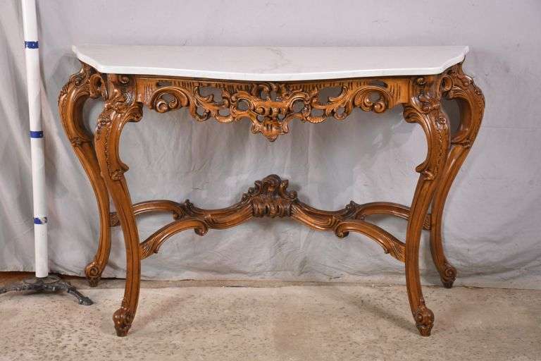 Carved French style console table with marble top; 1109034A R.H. Lee