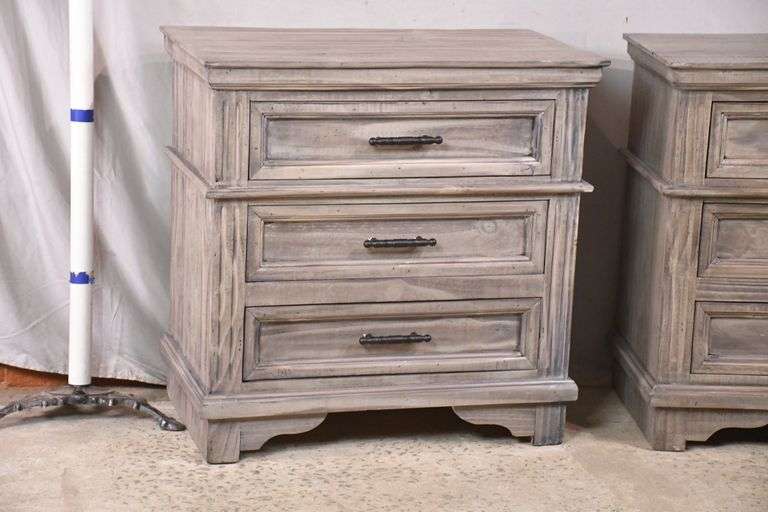 Pair of distressed gray 3 drawer bedside chests; 52243D R.H. Lee