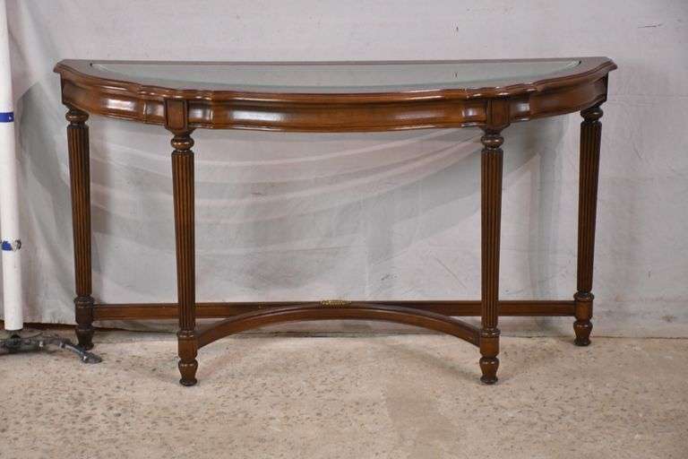 Halfround console table with beveled glass top; 396713 R.H. Lee