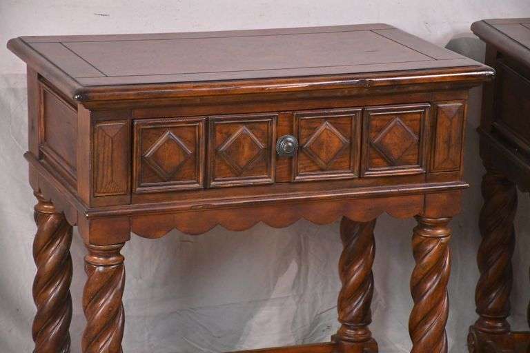 Pair of Broyhill carved oak 2 tier single drawer end tables; 620381