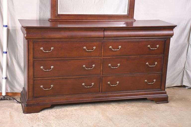 Haverty's inlaid cherry 8 drawer double dresser with beveled mirror