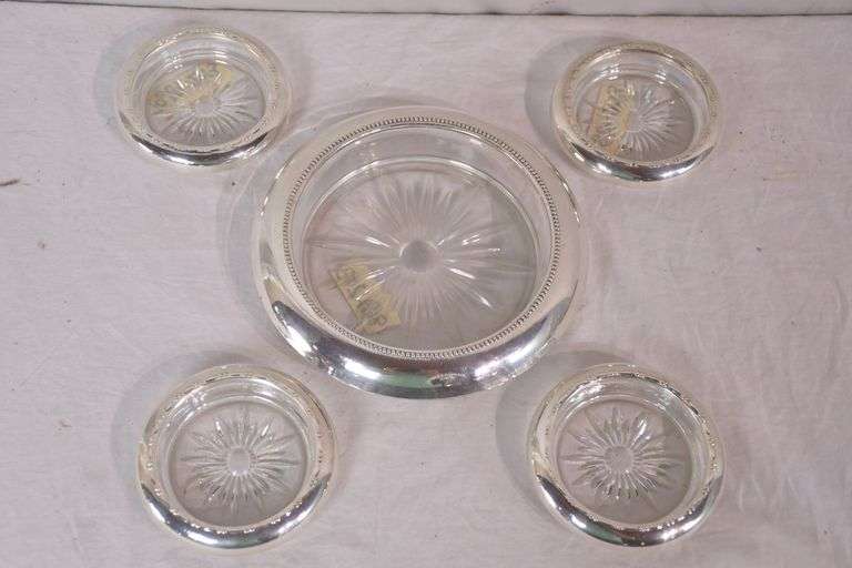 Frank M. Whiting glass wine bottle caddy with sterling silver rim and 4 Crown sterling silver