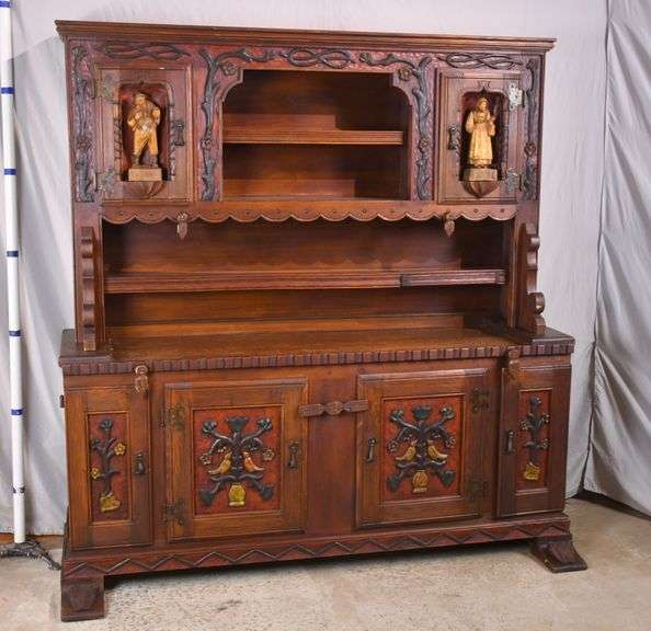 Unique large carved 2 part hutch with iron hardware; 747950 R