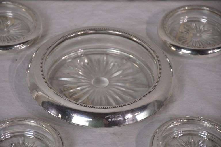 Frank M. Whiting glass wine bottle caddy with sterling silver rim and 4 Crown sterling silver