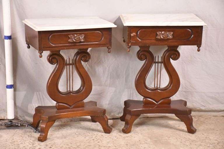 Pair of Victorian style single drawer marble top end tables; 371163