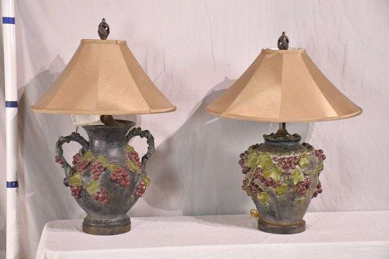 Two Cambridge Lamps distressed grapevine design urn lamps with shades