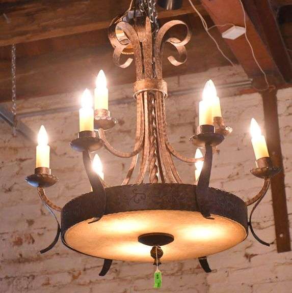 Large ornate hammered metal 2 tier chandelier with decorated alabaster