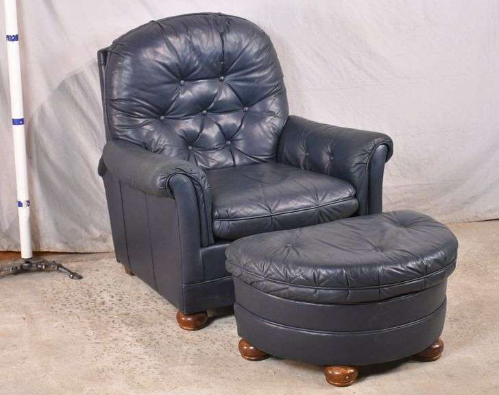BradingtonYoung blue tufted leather reclining armchair with ottoman
