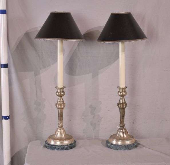 Pair of Sarreid tall ornate silver metal candlestick lamps with black