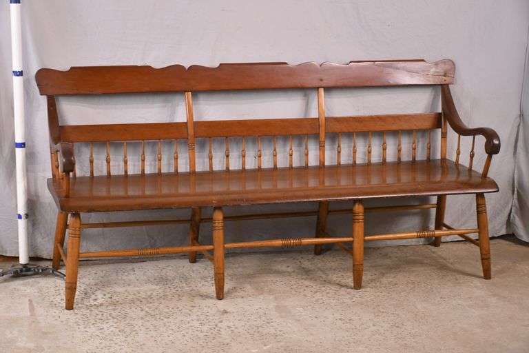 Early 8 leg spindle back bench with stretcher base; 749844 R.H. Lee