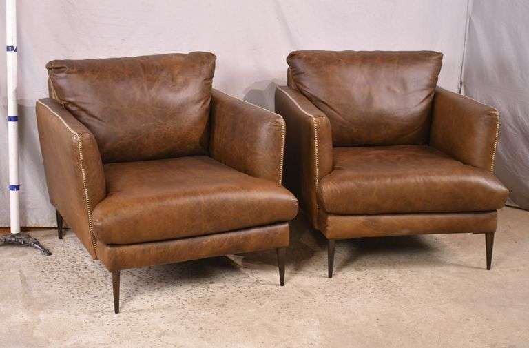 Pair of distressed top grain Italian leather midcentury style