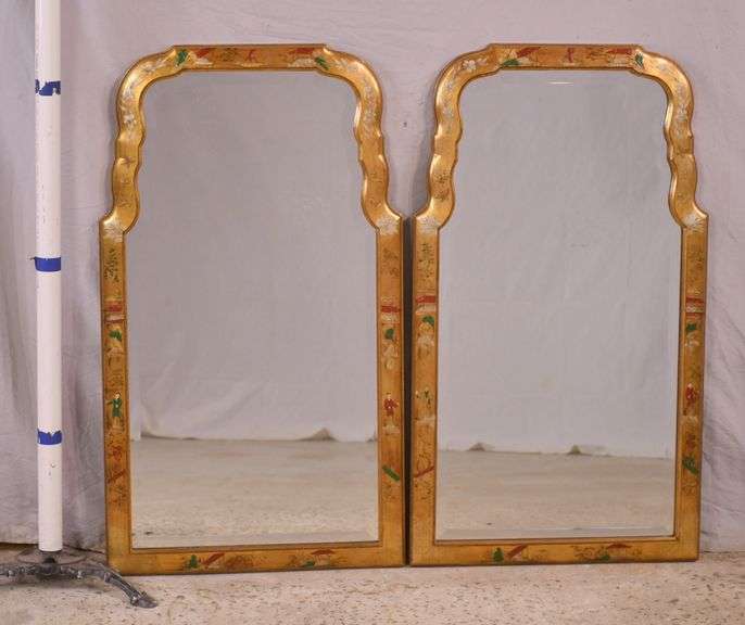 Pair of Decorative Arts Inc. beveled mirrors with Oriental decorated